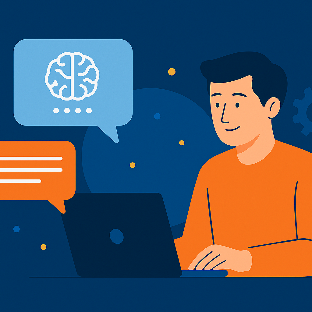 Illustration d’un collaborateur interagissant avec un agent conversationnel à base d’intelligence artificielle pour la formation en entreprise, aux couleurs d’eBusinext.